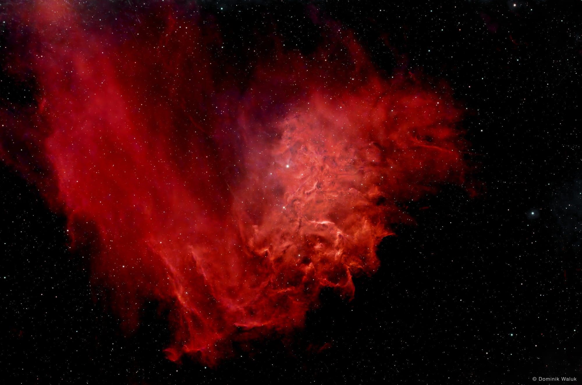 Der Flammensternnebel: rote Gasschleier, die sich wie Flammen über ein dunkles Sternenfeld ausbreiten.