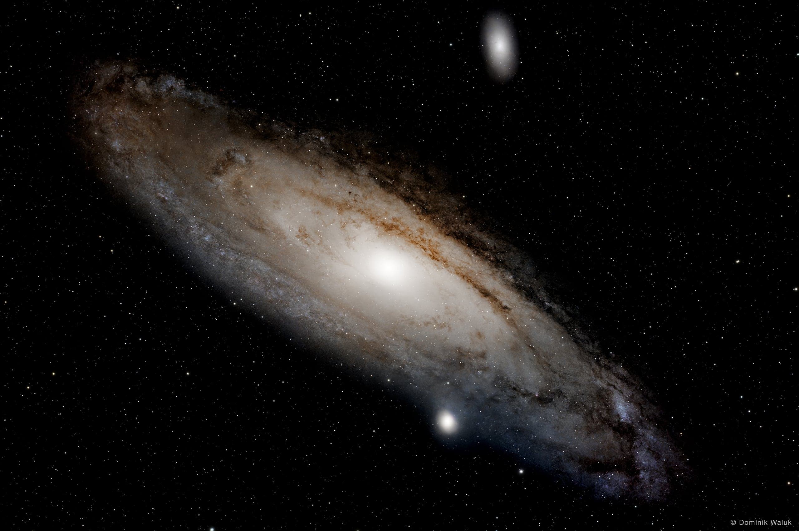 Die Andromedagalaxie: eine grosse Spiralgalaxie, schräg von der Seite gesehen, mit hellem Kern und dunklen Staubbändern, darüber und darunter zwei kleinere Begleitgalaxien.